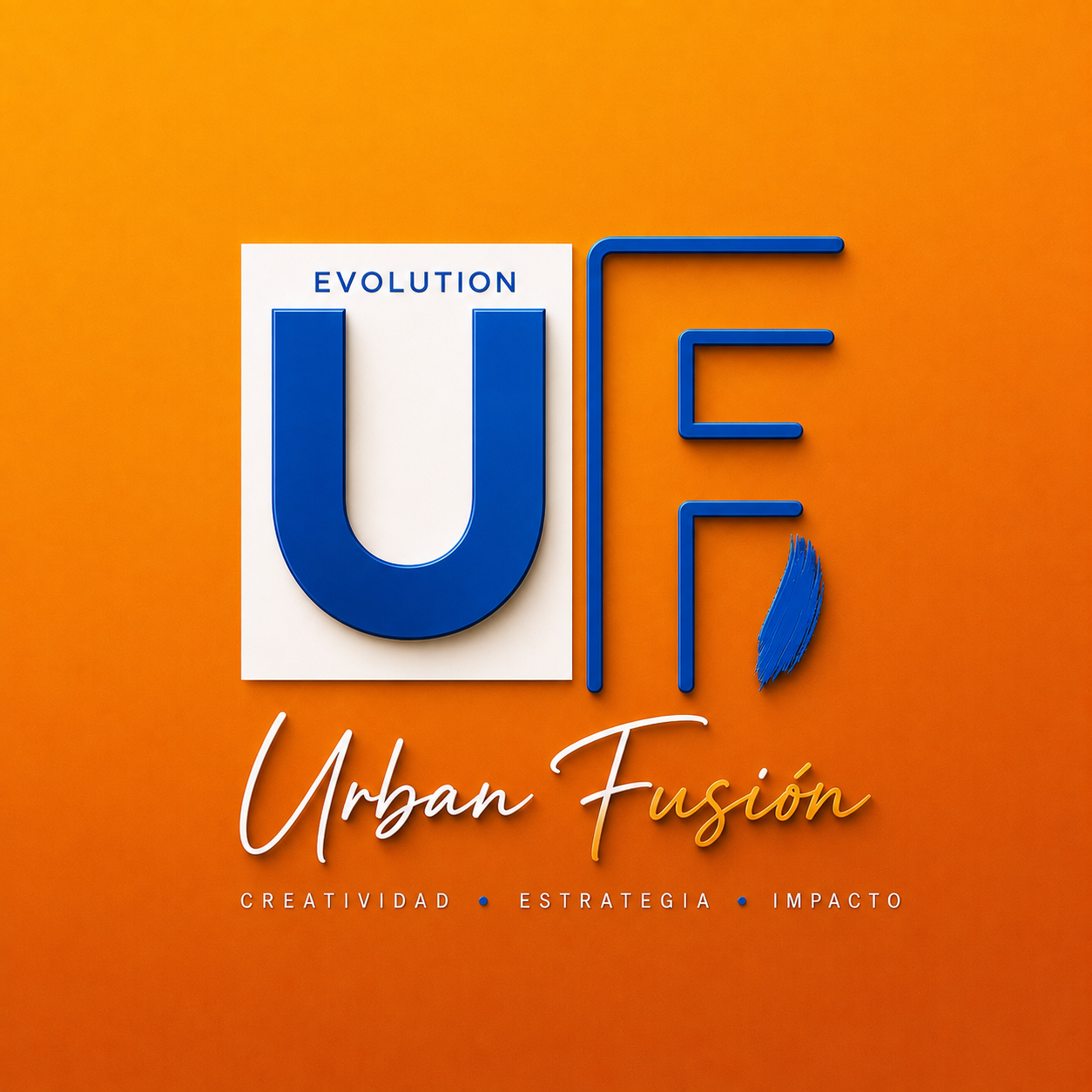 Identidad de Evolution Urban Fusión: monograma azul sobre naranja, Creatividad, Estrategia, Impacto
